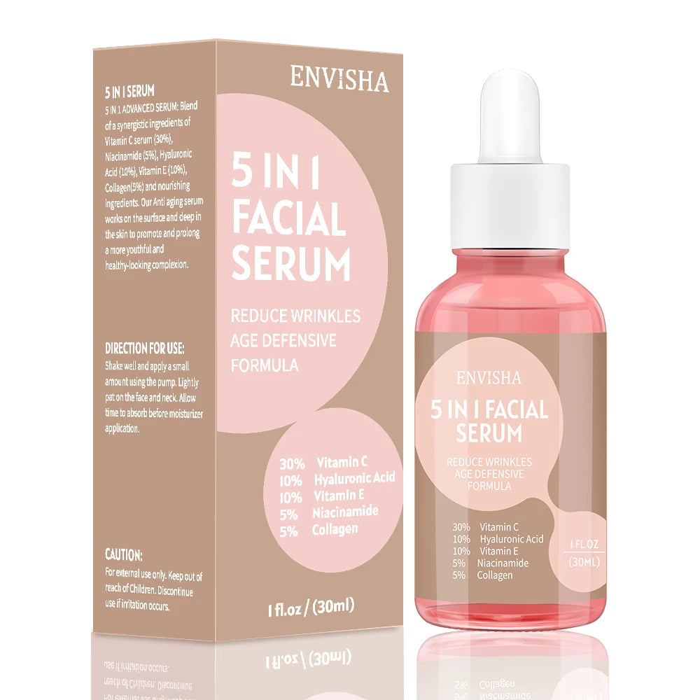 ENVISHA 5-in-1 Face Serum with Vitamin C, Hyaluronic Acid, and Niacinamide for anti-aging, firming, and moisturizing.