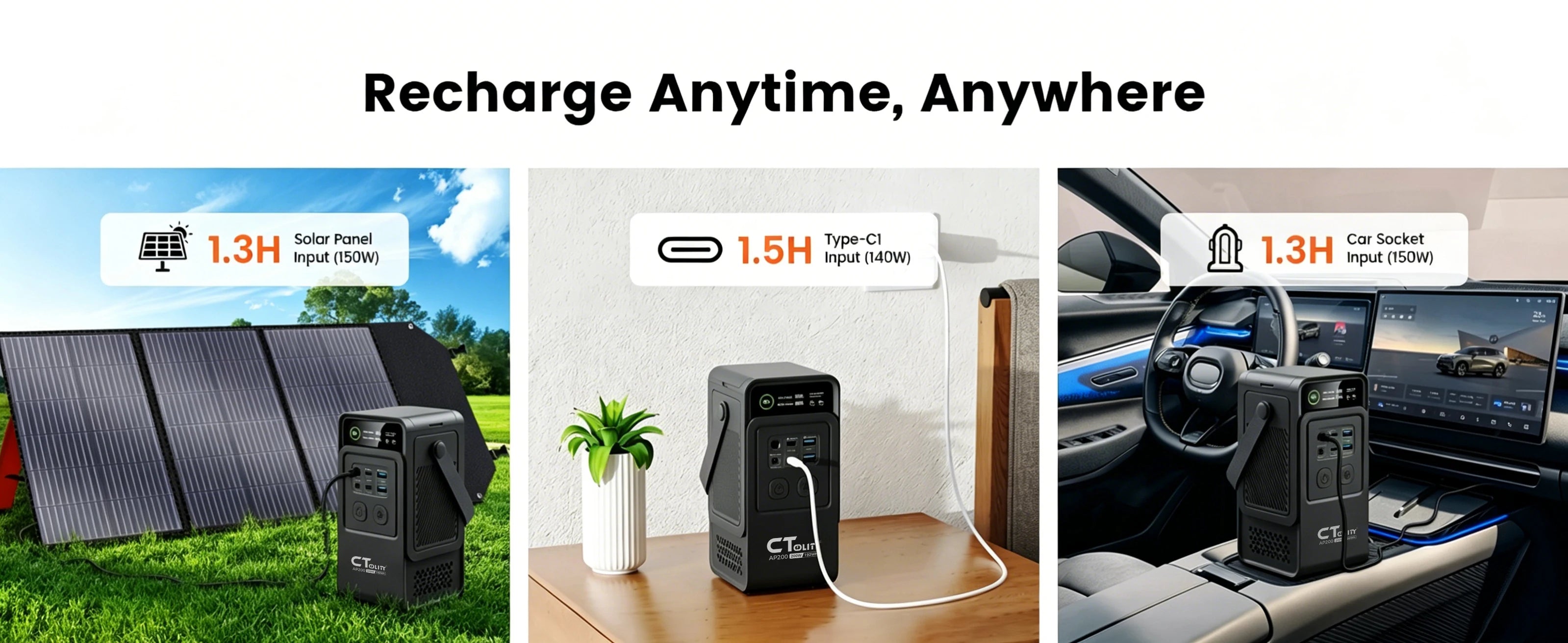 CTOLITY AP200 Handheld Portable Solar Generator 200W 192Wh Lifepo4 Battery 60000mAh Power Bank Camping 140W Ultra Fast Charging DC Charger
