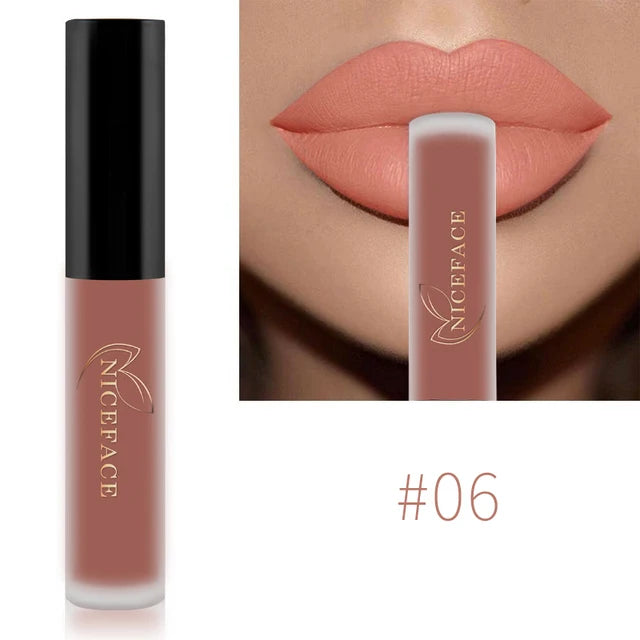 Niceface waterproof matte liquid lipstick in shade #06, a long-lasting, smooth nude peach lip makeup.