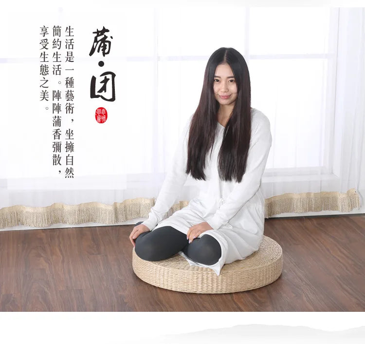 Round Woven Rush Cushion Meditation Zafu Yoga Mat for Floor Tatami Kneeling Tea Ceremony Zen Window Seat