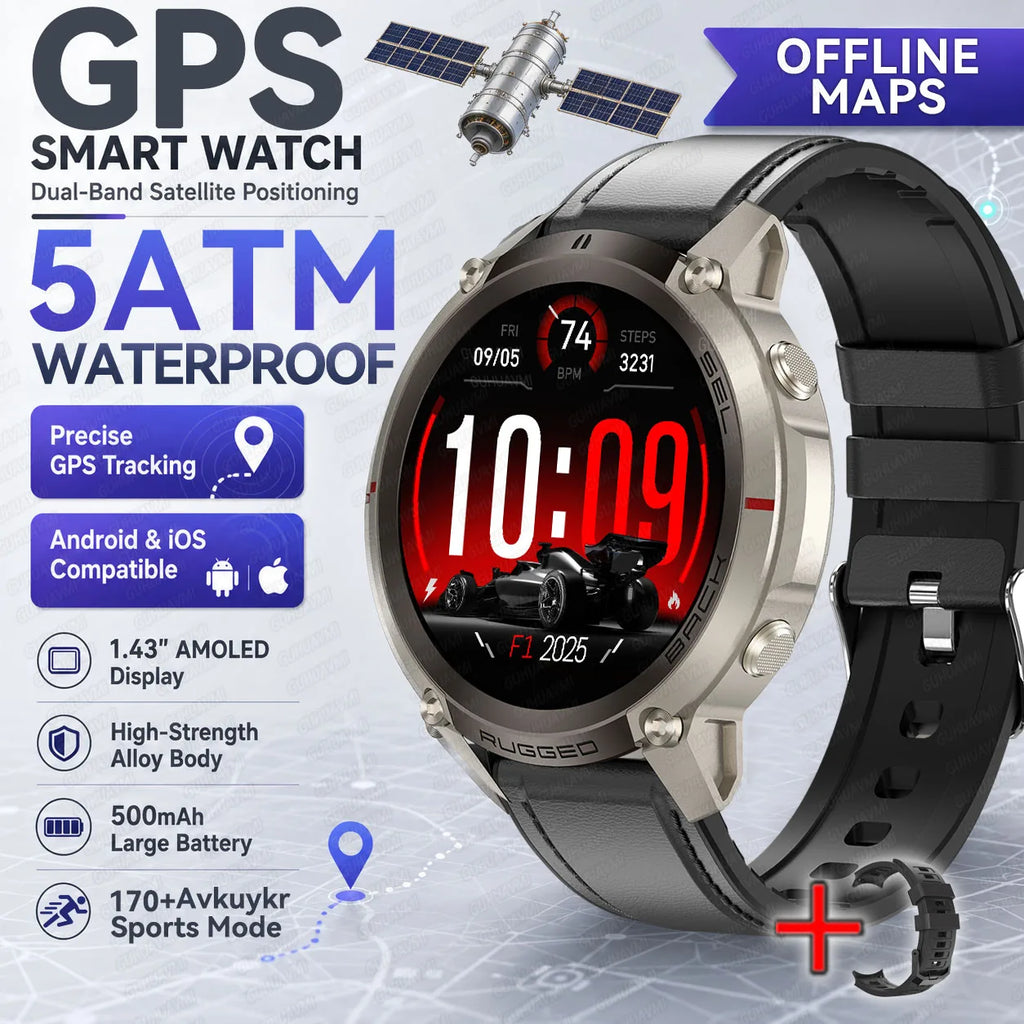 2026 Outdoor Tactical GPS 1.43"AMOLED Smart Watch Offine Map Compass Heart Rate Fitness Tracker 5ATM Waterproof Sports Watches
