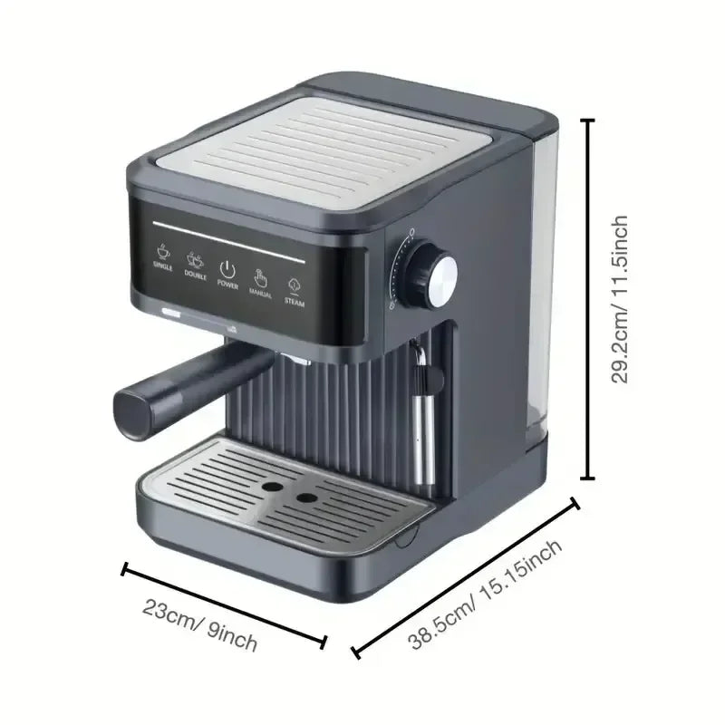 Compact dark grey espresso machine with stainless steel drip tray, touch control panel, and labeled dimensions.