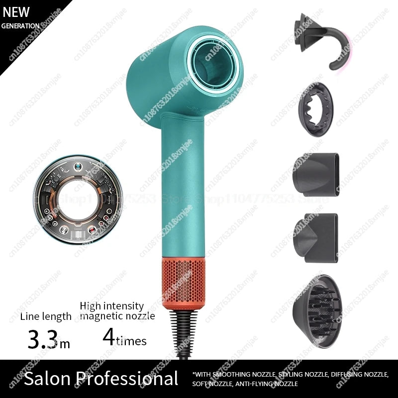 Teal leafless negative ion hair dryer with magnetic nozzles and diffuser for professional salon styling at home.