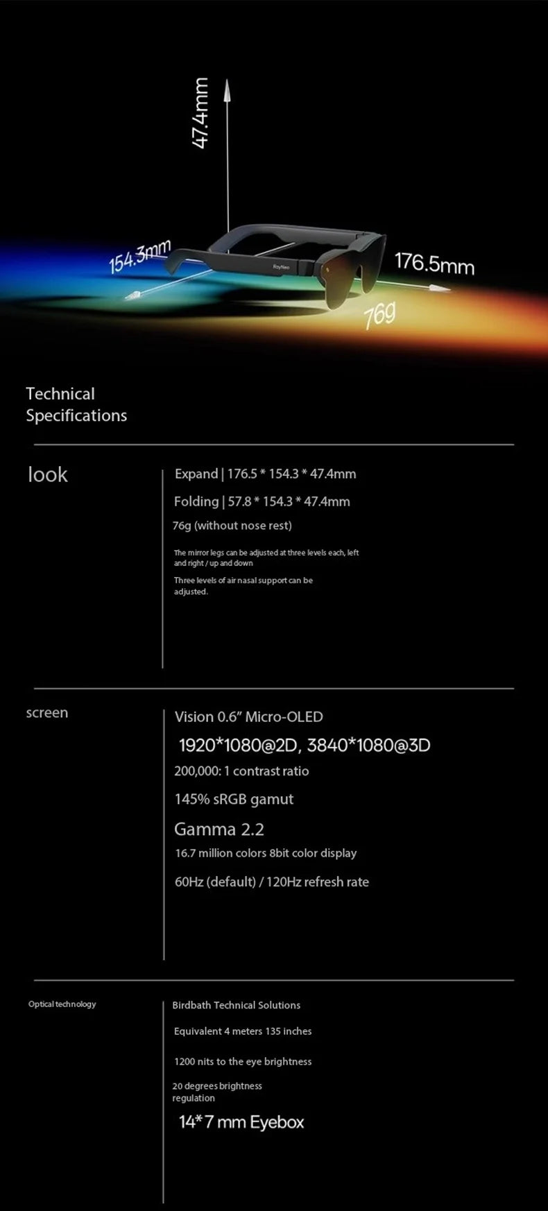 RayNeo AR Smart Glasses: 135-Inch Private Cinema Display for Gaming (3S Pro) Tidesmit