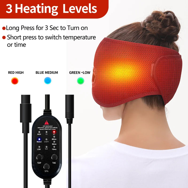 Person wearing a red, mesh heating face mask with a remote control showing three temperature settings.
