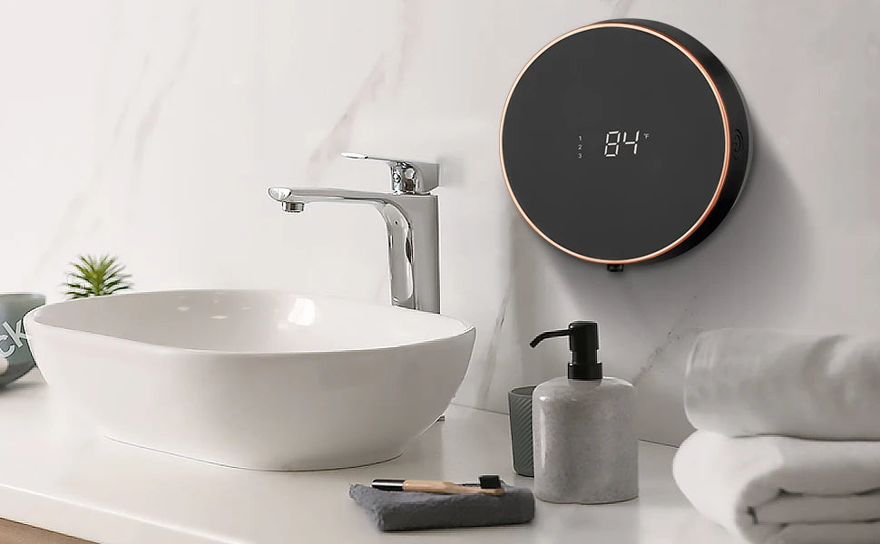 Tidesmit automatic wall mount soap dispenser showing LED temperature display and touchless sensor feature