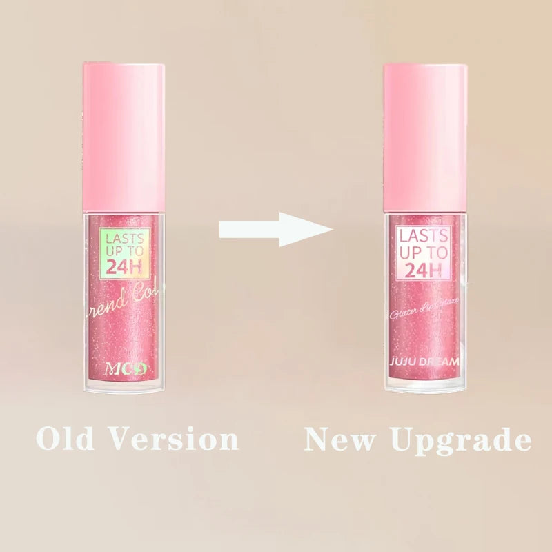 Long-lasting 24H glitter lip glaze and waterproof liquid lipstick in a pink tube for shiny, shimmering makeup.