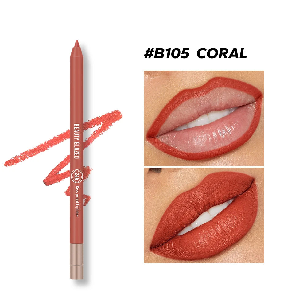 Waterproof coral matte lip liner pencil by Beauty Glazed, shown on lips for a defined, long-lasting plump effect.