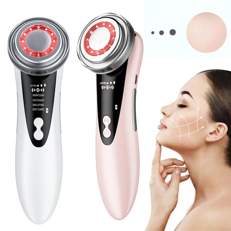 White and pink handheld EMS facial massagers with LED light therapy heads, shown with a person using the device.