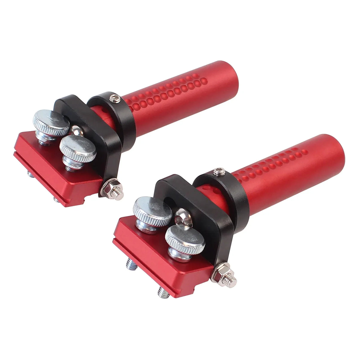 Set of two adjustable hinge dog clamps, red posts, black bases, silver bolts, side view