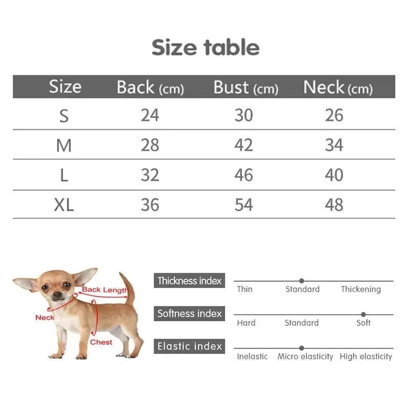 Size chart for warm fleece dog sweater vest for small breeds like Chihuahua and Bulldog to ensure perfect fit.