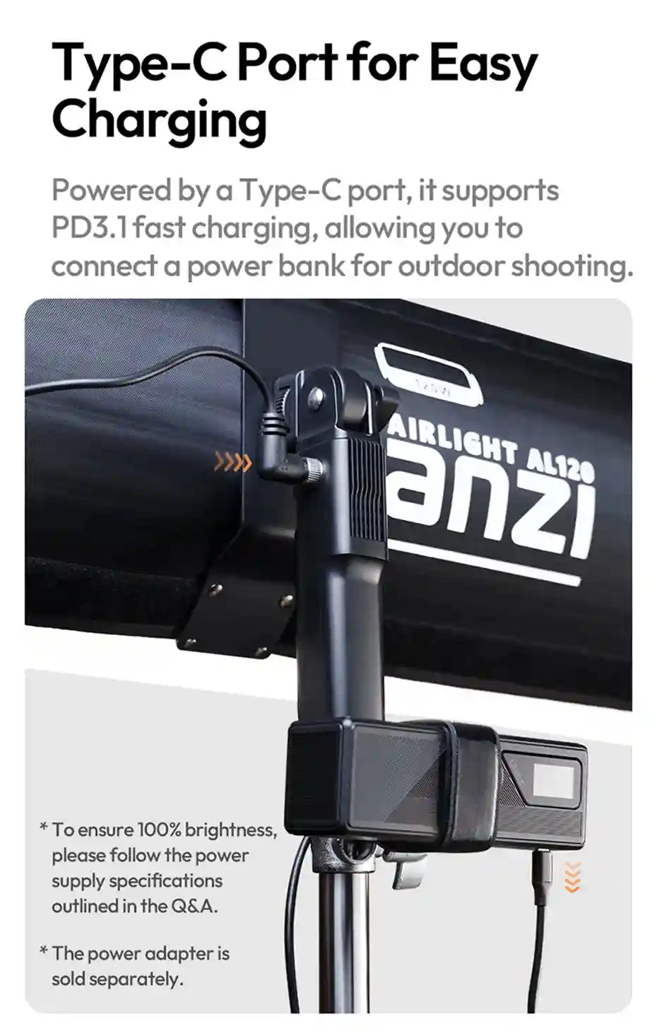 Black Airlight AL120 studio light mounted on a stand, showing a Type-C charging cable connected to a power bank.