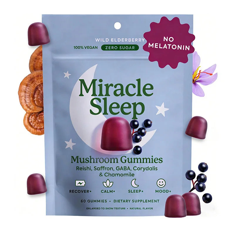 Melatonin-Free Mushroom Sleep Gummies with Reishi, GABA, Saffron & Chamomile, Wild Elderberry, Calm Night Support, 60 Count