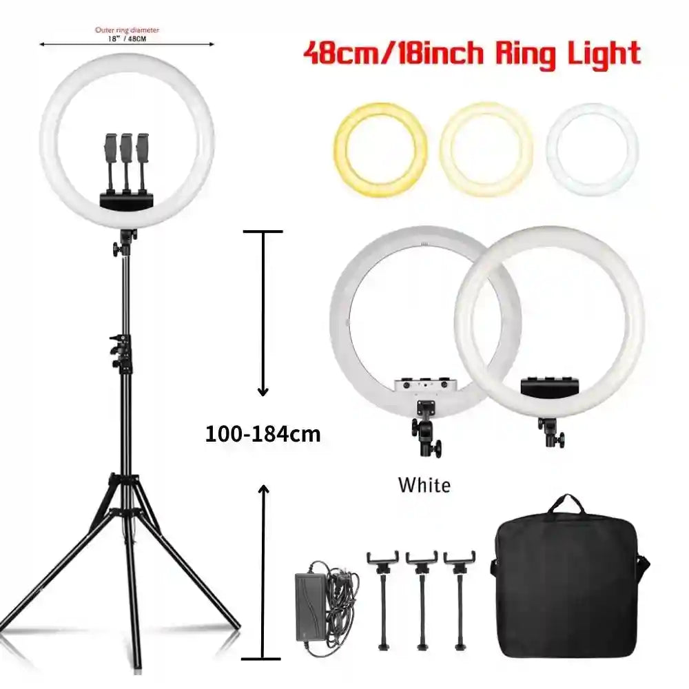 18-inch LED ring light with adjustable tripod stand (100-184cm), three phone holders, power adapter, and carry bag.