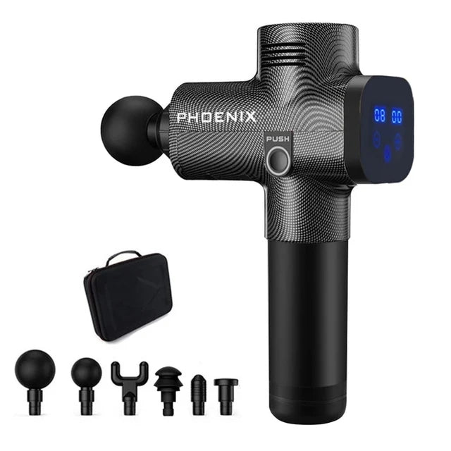 Black carbon-fiber handheld massage gun with digital display, six interchangeable heads, and a portable carrying case.