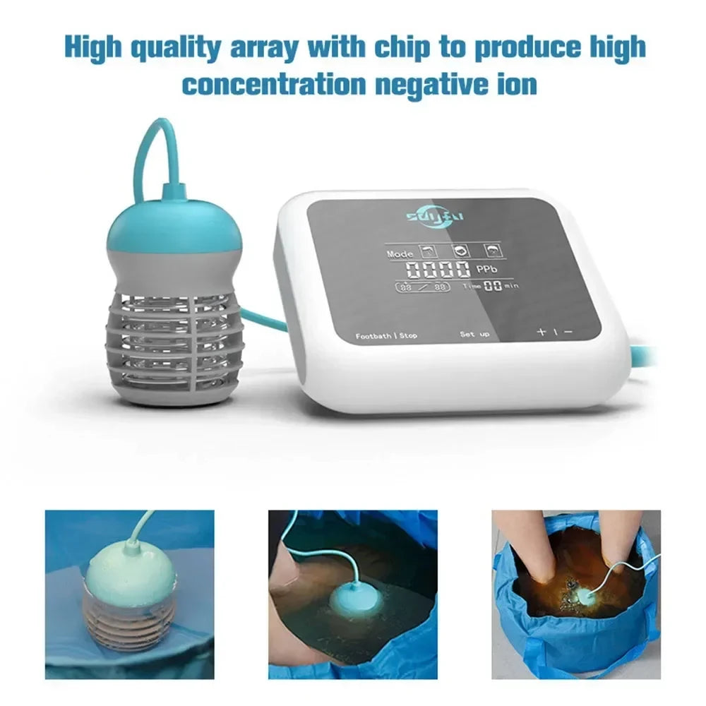 Electric ionic foot spa detox machine with digital control panel, aqua therapy array, and portable blue soaking tub.