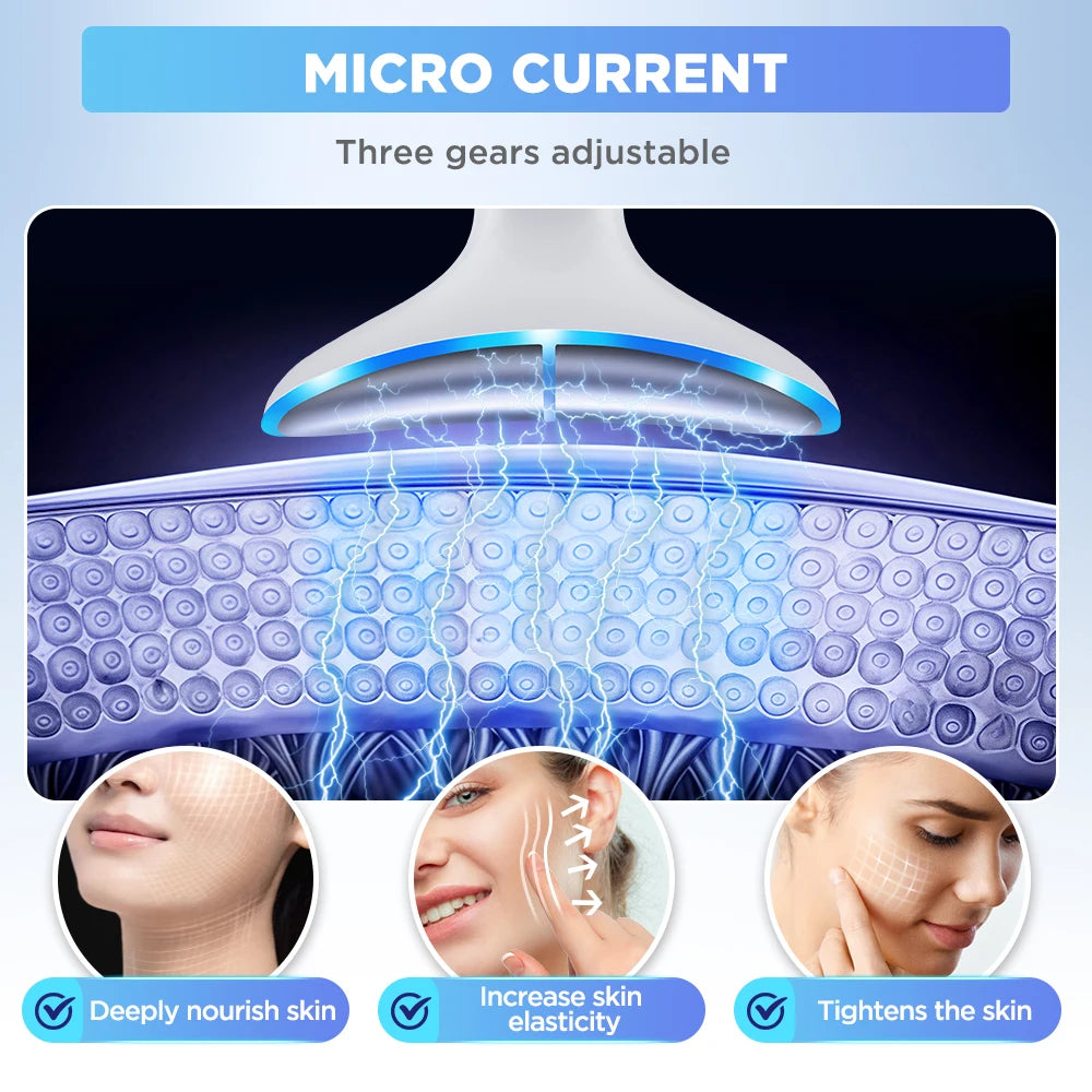 White EMS face and neck massager head with blue microcurrent visual effects, shown with skin-tightening benefits.