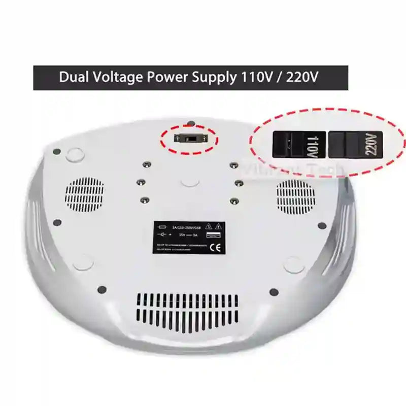 White ionic foot bath detox machine underside view featuring 110V/220V dual voltage power supply switch.