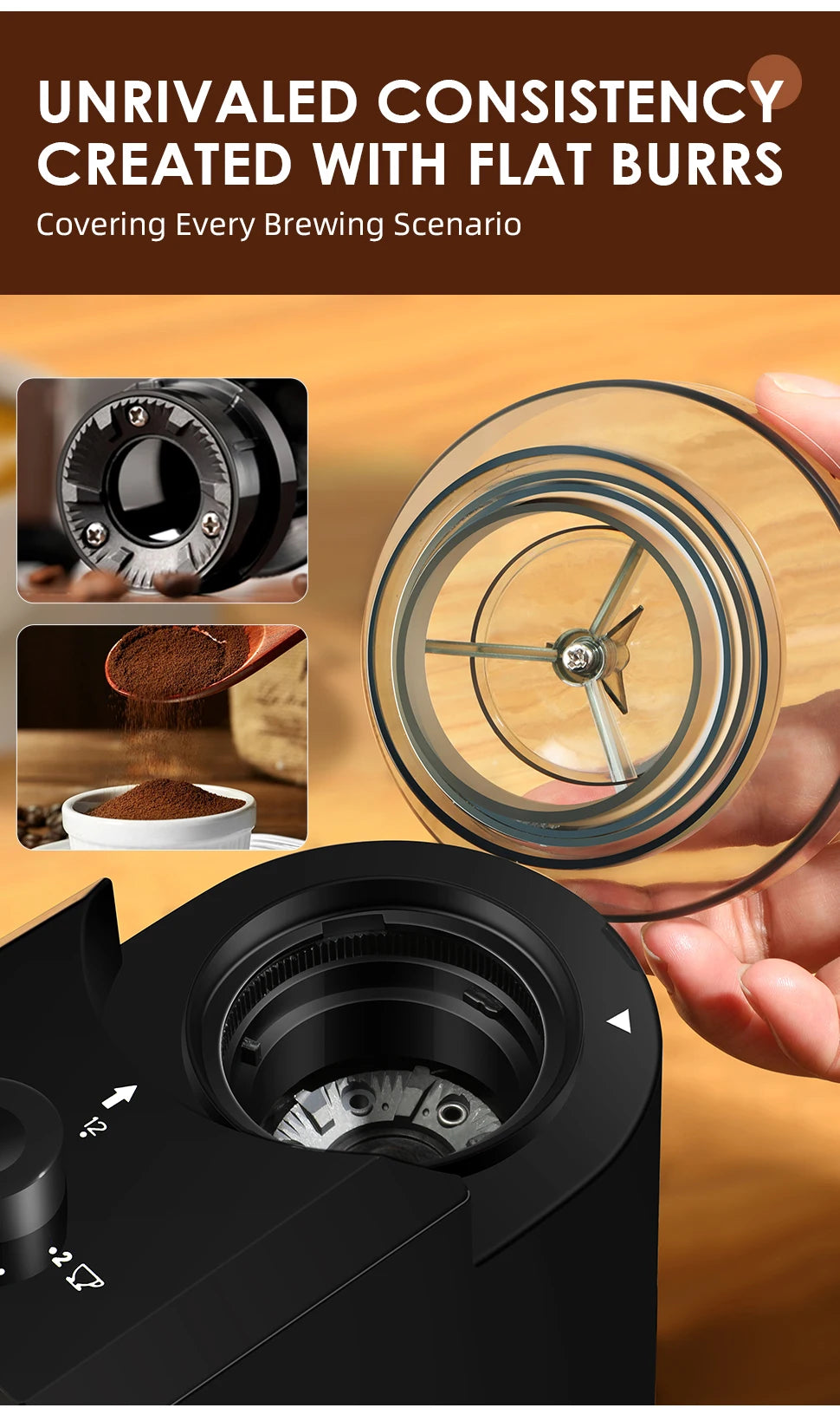 Black flat burr coffee grinder with clear hopper lid and precision grind adjustment settings for consistent brewing.