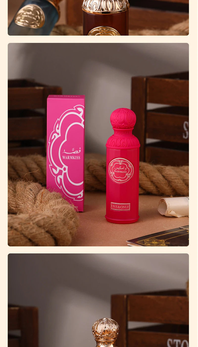 Lauren Warmkiss unisex EDP, 100ml. Vibrant pink luxury bottle. Long-lasting Arabian oud perfume for men and women.