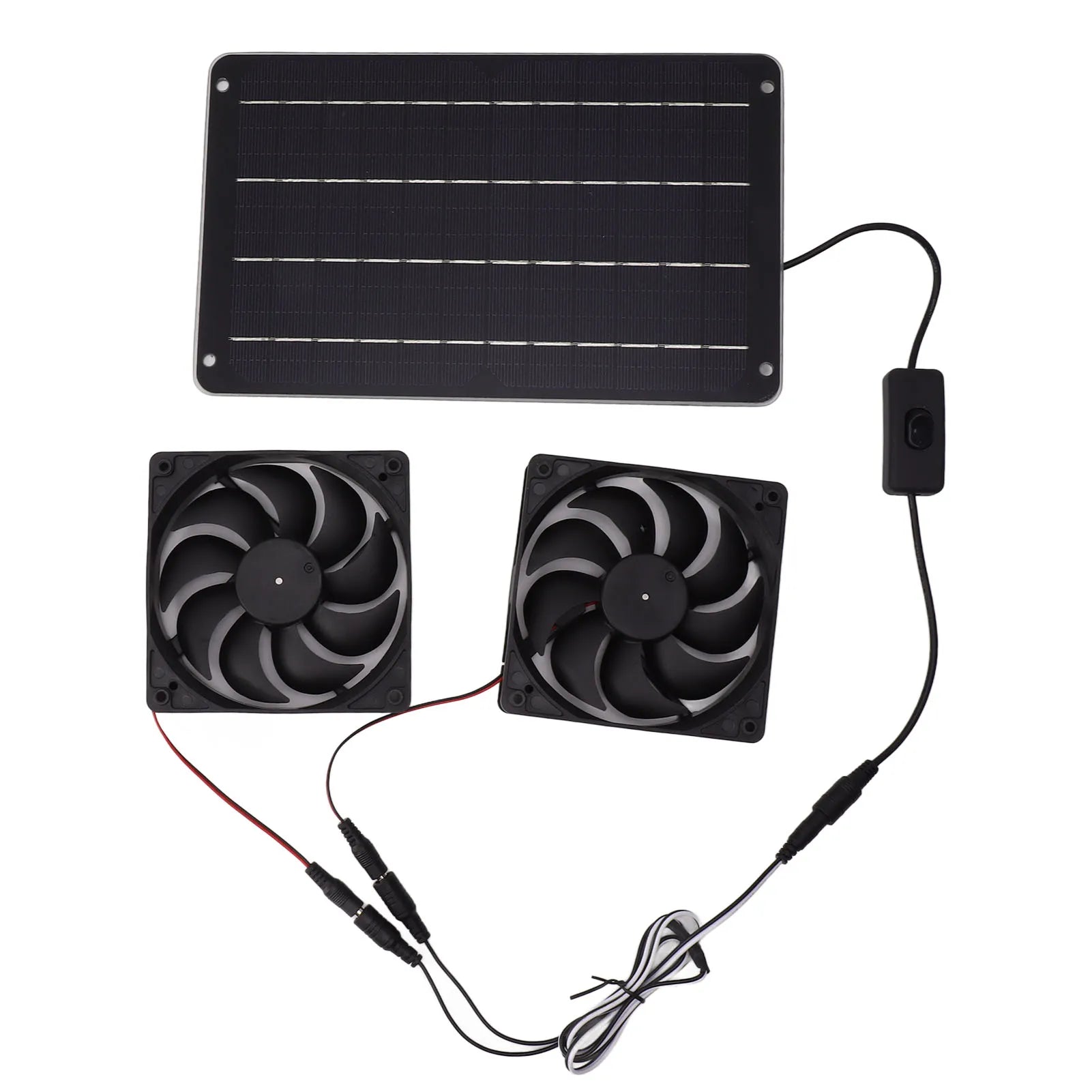 20W solar-powered dual fan kit with switch to keep pet houses and kennels cool and ventilated.