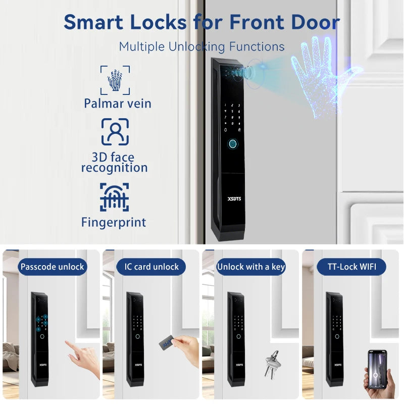 XSDTS TT-LOCK APP Voice Intercom Palmar vein Camera Smart Lock 3D Face Recognition Fingerprint Password Smart Door Lock