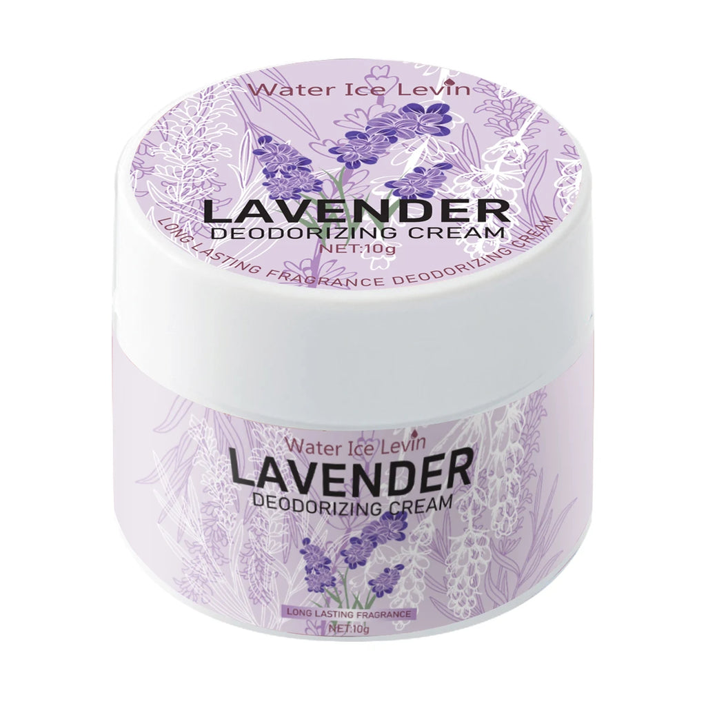 Water Ice Levin lavender-scented deodorizing cream in a compact, white 10g jar with floral botanical illustrations.