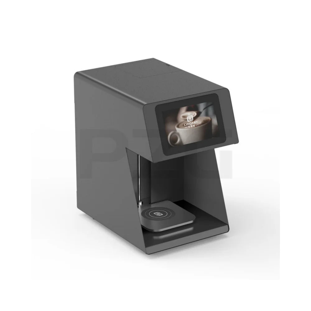 Cindart matte grey smart coffee printer with touchscreen display for latte art on a white background.