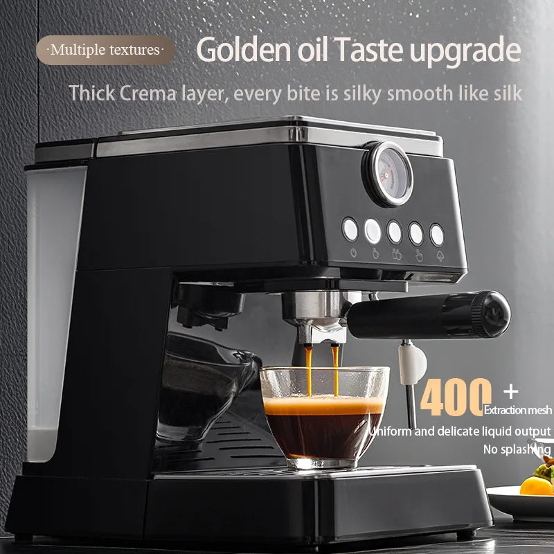Black espresso machine with integrated pressure gauge, portafilter, and clear water tank pouring fresh coffee.