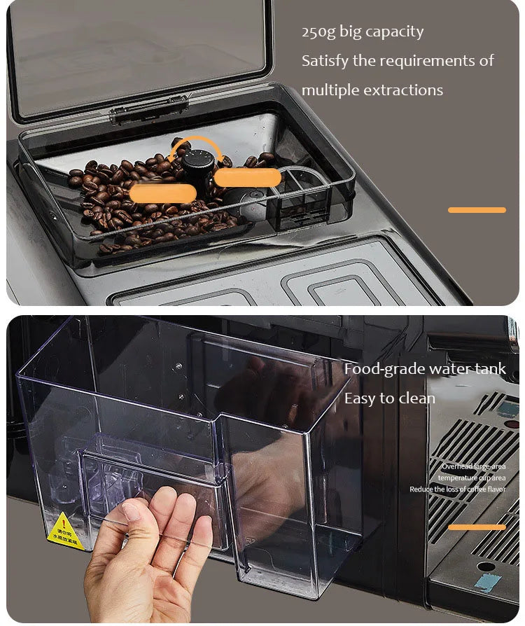 Black coffee machine with 250g bean hopper and removable transparent food-grade plastic water tank for easy cleaning.