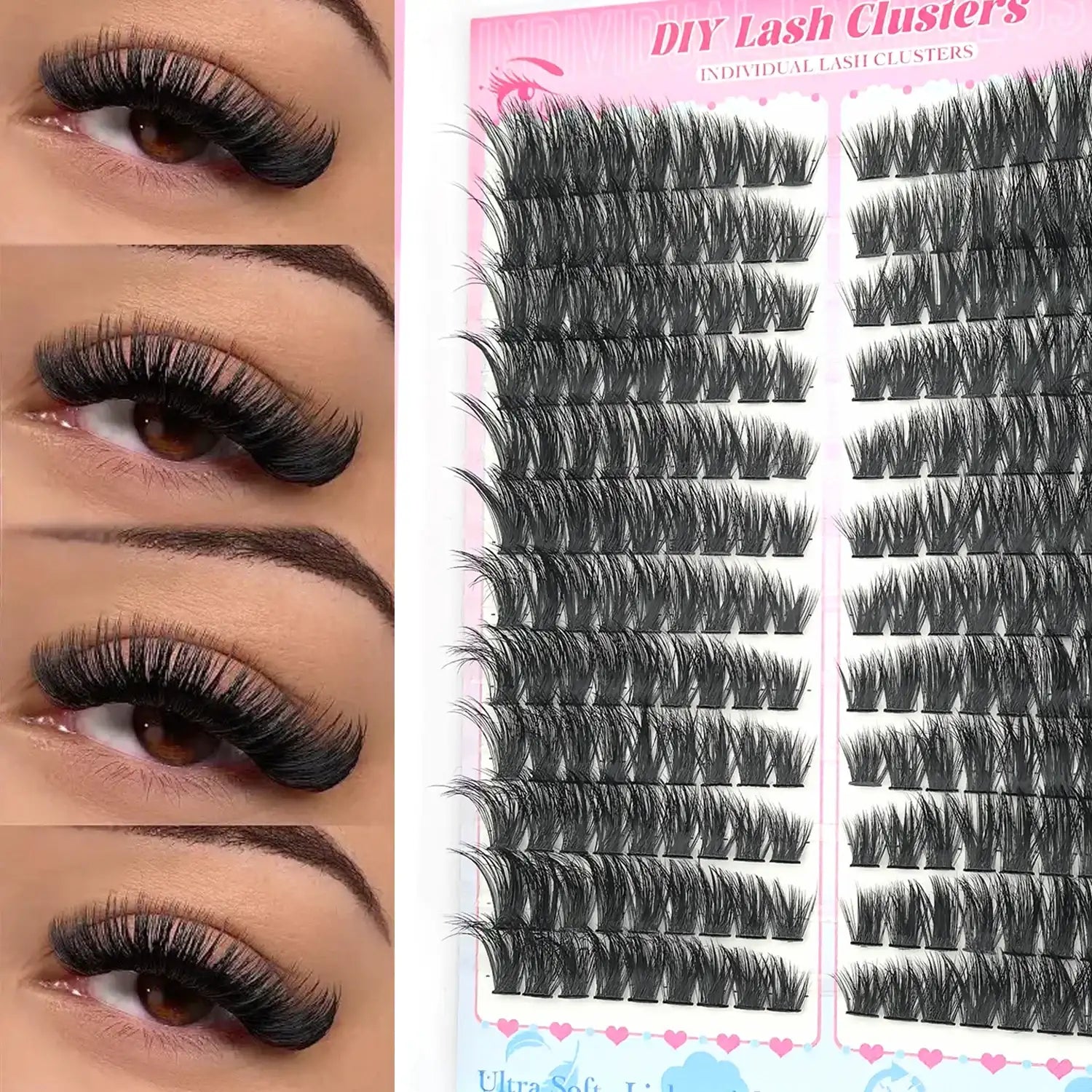Tray of black, wispy DIY individual eyelash clusters alongside close-ups of them applied to an eye for volume.