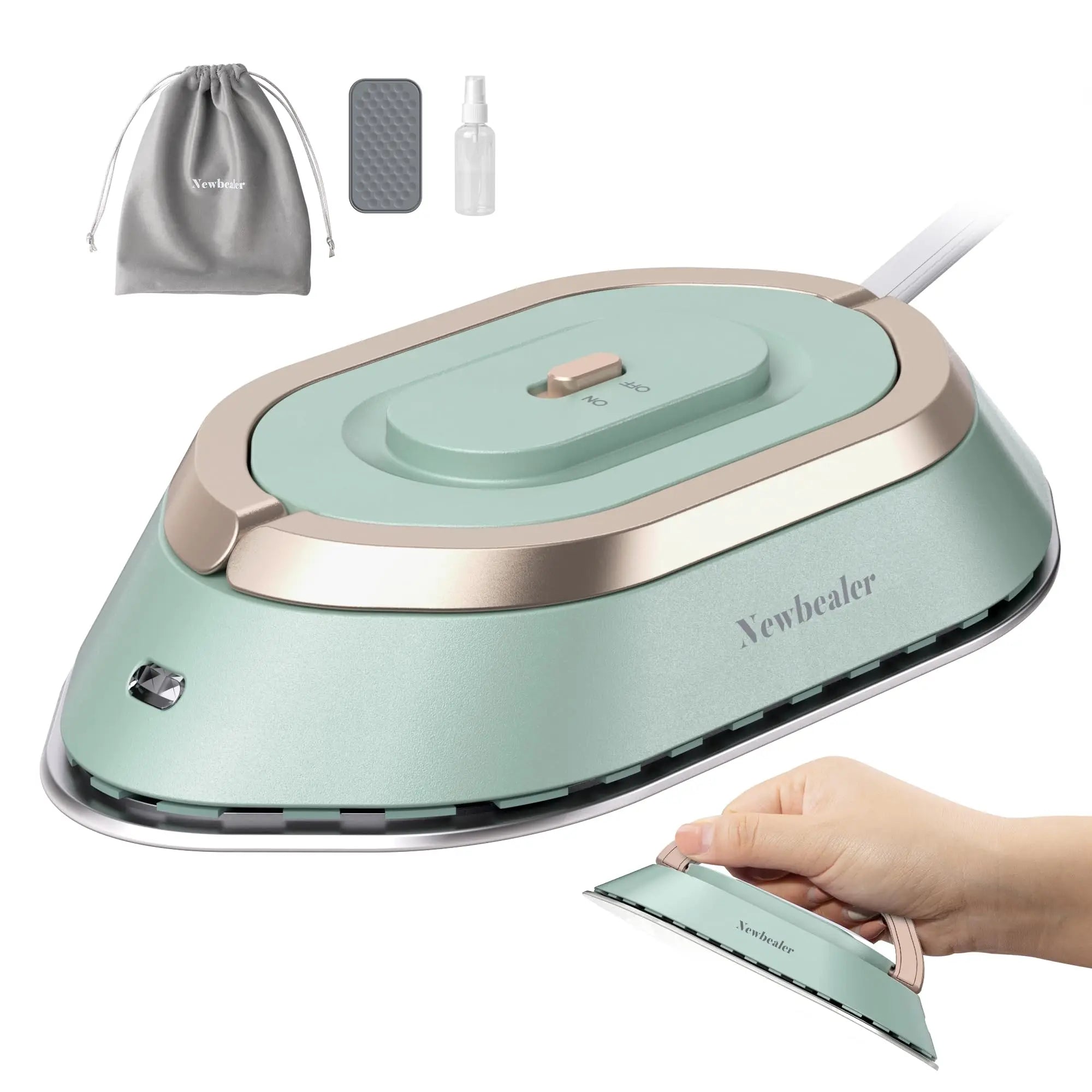 Tidesmit mini handheld travel iron showing compact lightweight design for 120V and 220V dual voltage fabric pressing