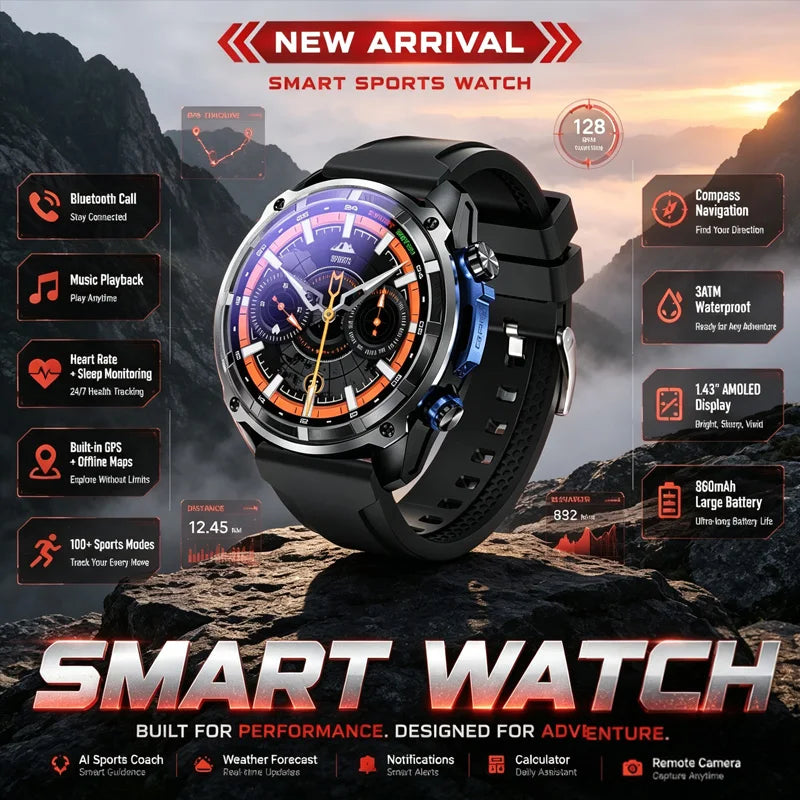 2026 New Outdoor Adventure DT G1 Smart Watch GPS Offline Map 100+Sports Mode Fitness 3ATM Waterproof Bluetooth Call Smart Watch