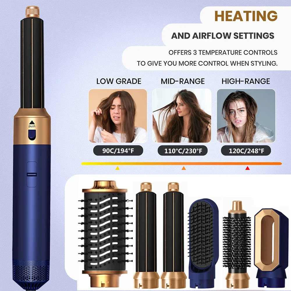 6-in-1 blue and gold hair dryer brush set with 3 heat settings and interchangeable curling and styling attachments.