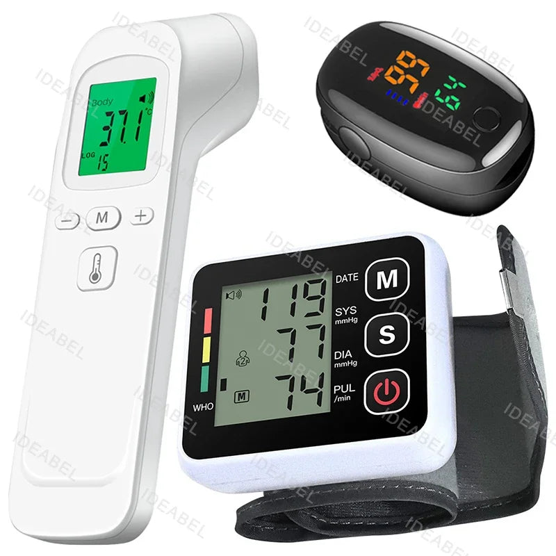 Digital Blood Pressure Monitor Wrist Tensiometer Electronic Sphygmomanometer Tonometer with LCD Forehead Digital Thermometer