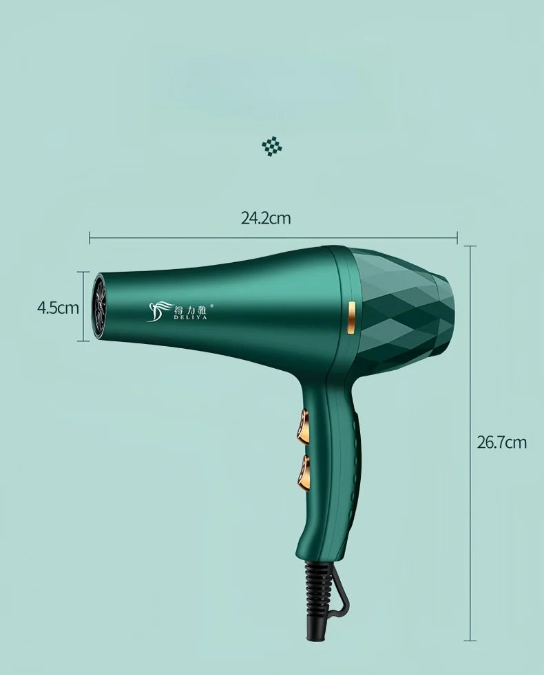 Emerald green professional hair dryer with diamond-textured back, gold controls, and quick-dry constant temperature.