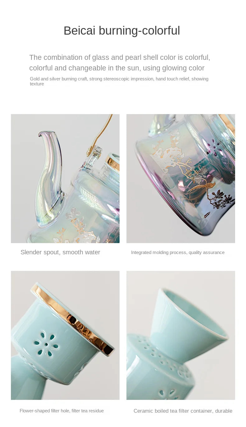 Beicai iridescent glass teapot with floral gold patterns, slender spout, and a ceramic flower-shaped tea filter.