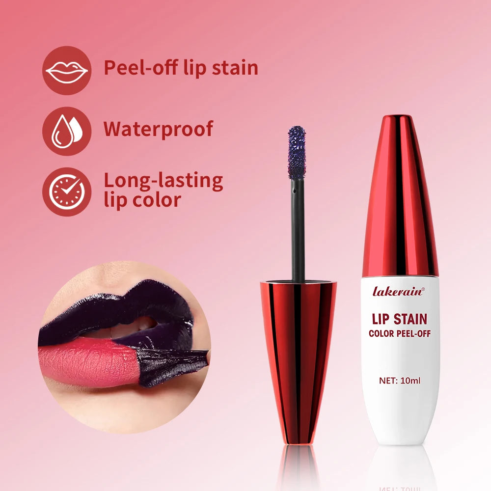 Lakerain waterproof peel-off lip stain with matte finish applicator and deep purple long-lasting color payoff.