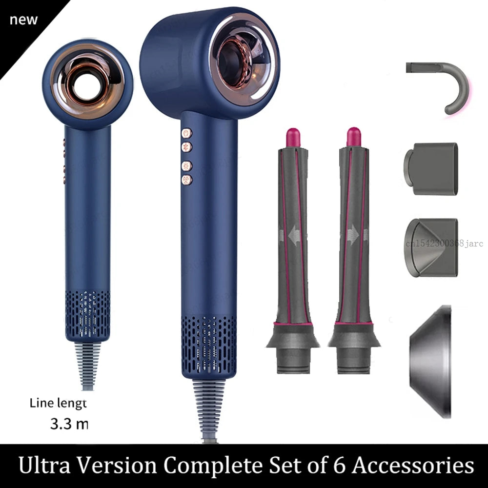 Blue professional leafless hair dryer set with negative ion technology, 6 styling attachments, and 3.3m cord.