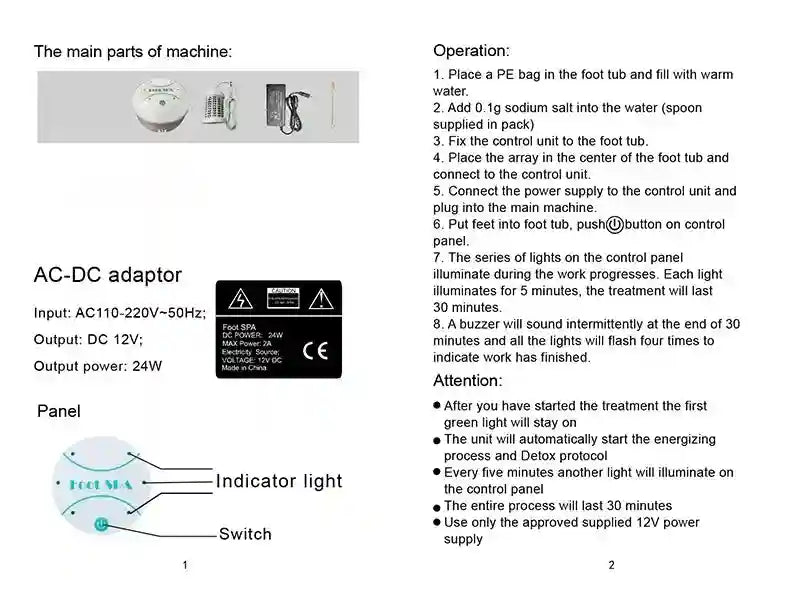 Ionic foot detox spa machine parts, control panel, and step-by-step operating instructions for home therapy cleansing.