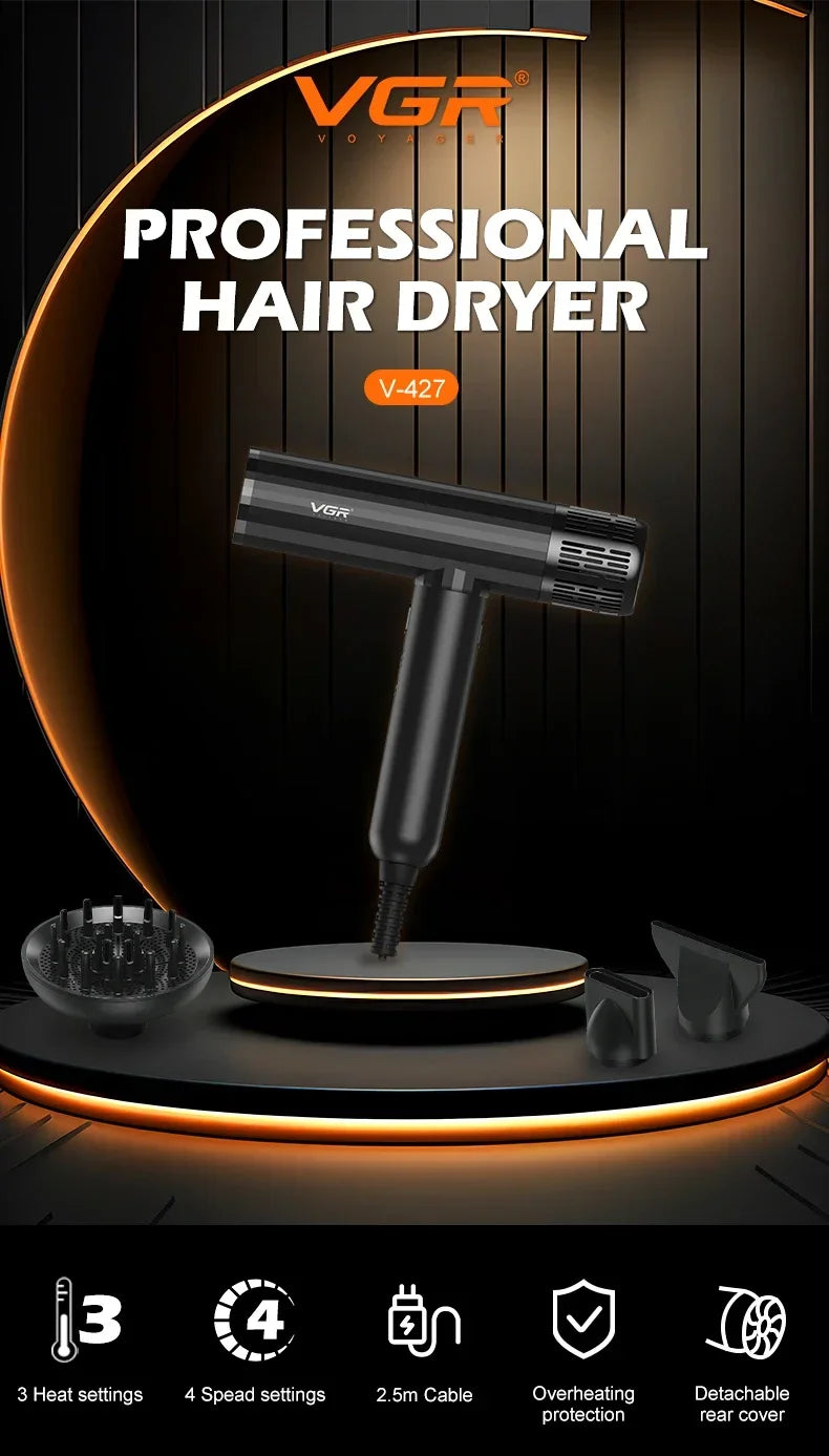 VGR V-427 black professional leafless hair dryer with diffuser, concentrator nozzles, and 3 heat and 4 speed settings.