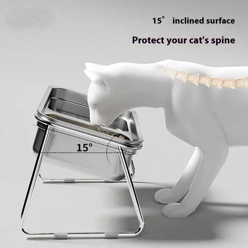 Stainless steel double pet feeding bowl with 15° tilted design to protect cat spine and cervical health.
