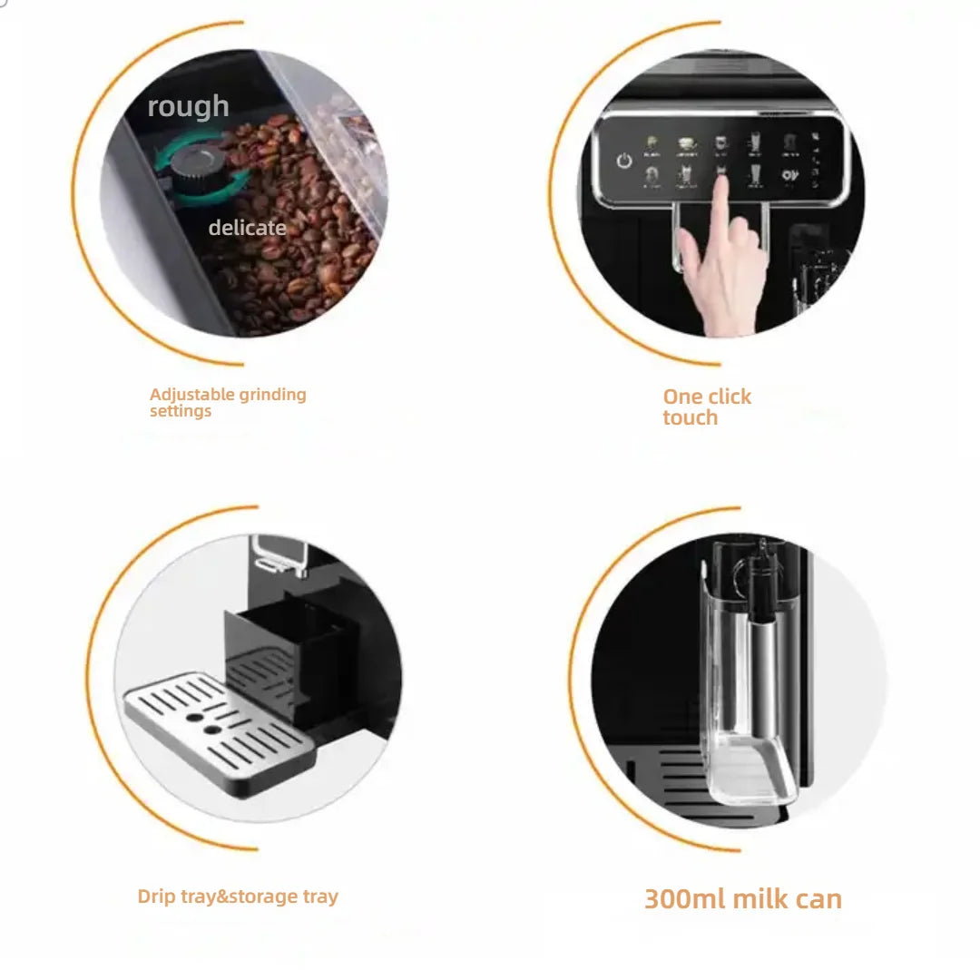 Black automatic espresso machine features: adjustable grinder, touch screen, drip tray, and 300ml milk container.