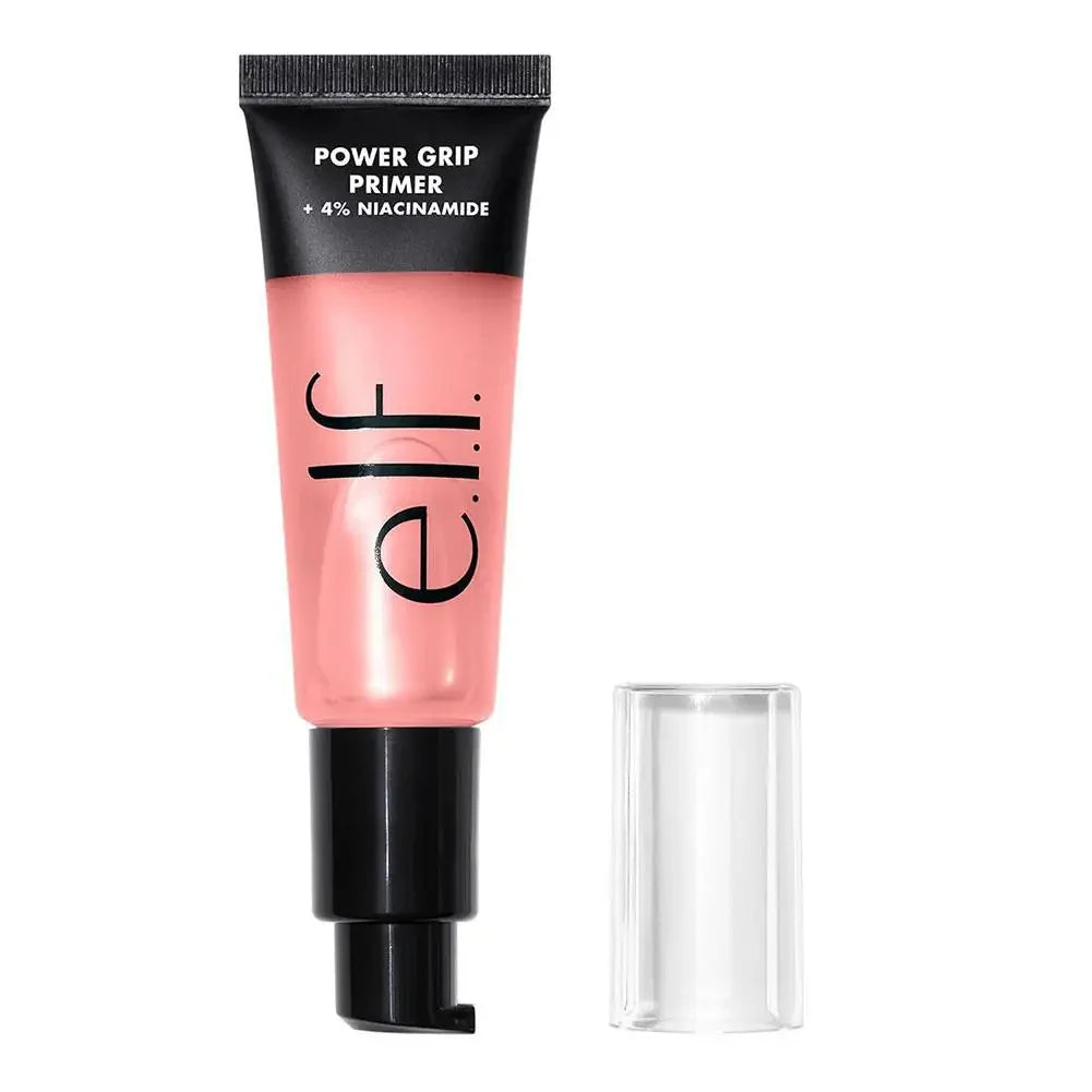 e.l.f. Power Grip Primer with Niacinamide, pink gel texture in a squeeze tube with pump, moisturizing face makeup.