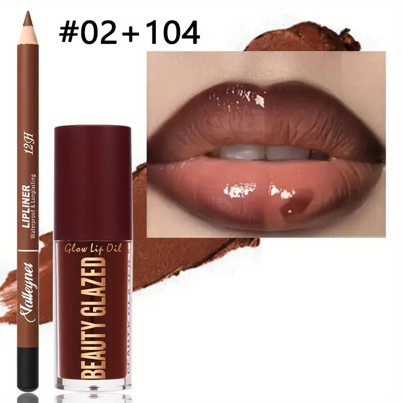 2-piece brown matte lip liner and moisturizing glossy lip oil set for long-lasting, defined, and shiny lip makeup look.