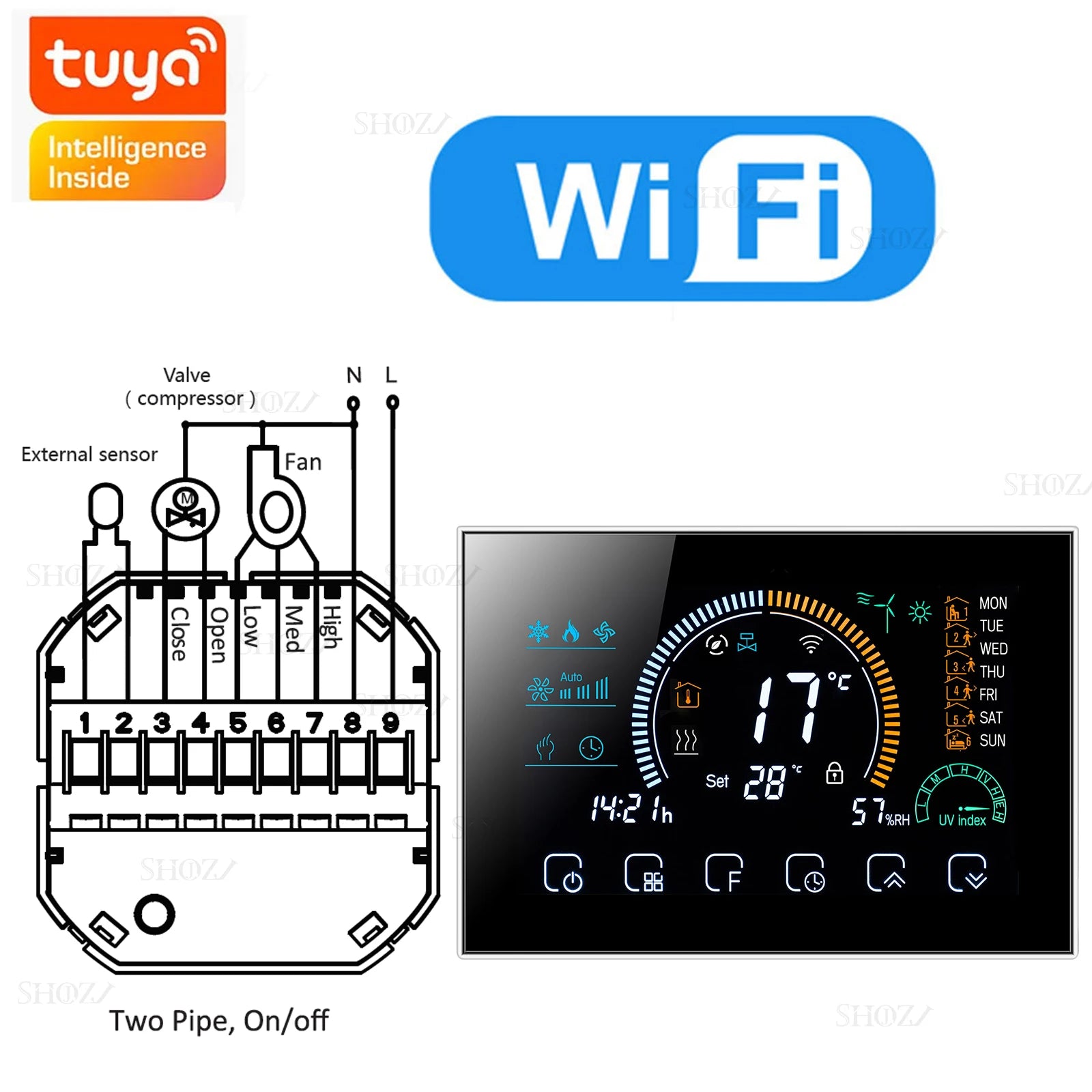 Wifi/RS485/Zigbee Thermostat Air Conditioning 3 Fan Coil Unit Home Cooling/Heating 2/4 Pipe Temperature Controller with Alexa