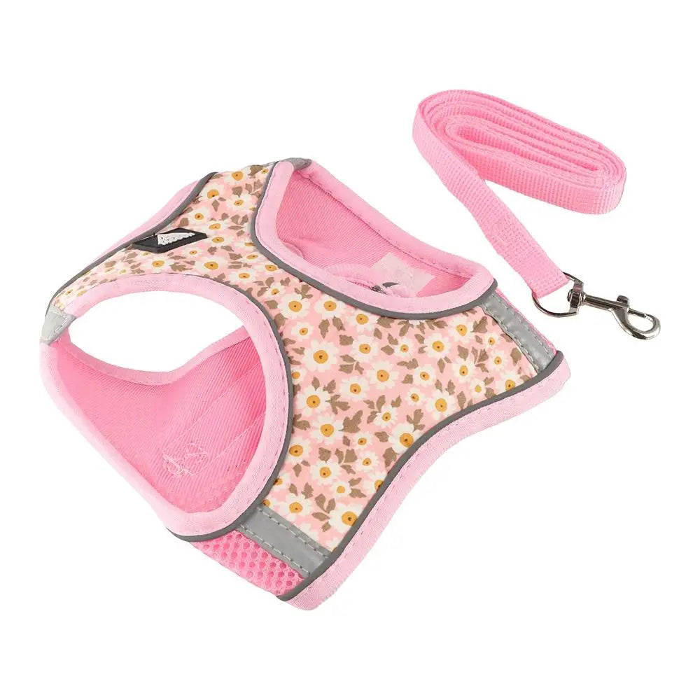 Pink floral mesh anti-escape dog harness and leash set for small pets like French Bulldogs, with reflective safety trim.