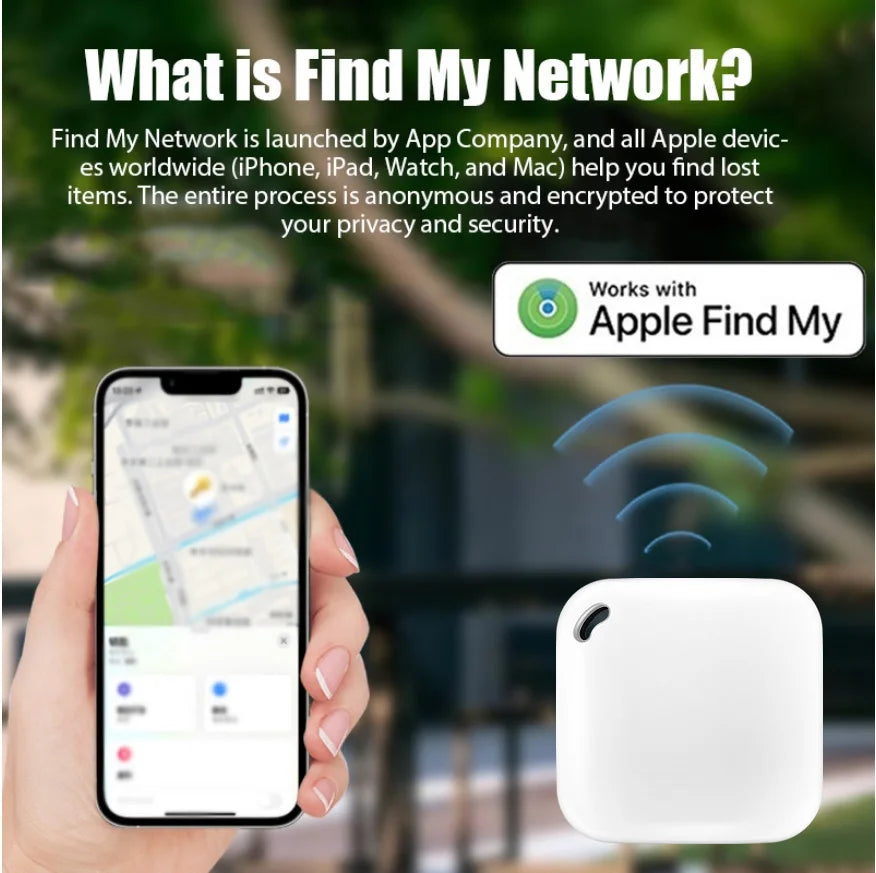 White smart GPS tracker for pets and keys, compatible with Apple Find My for accurate real-time location tracking.