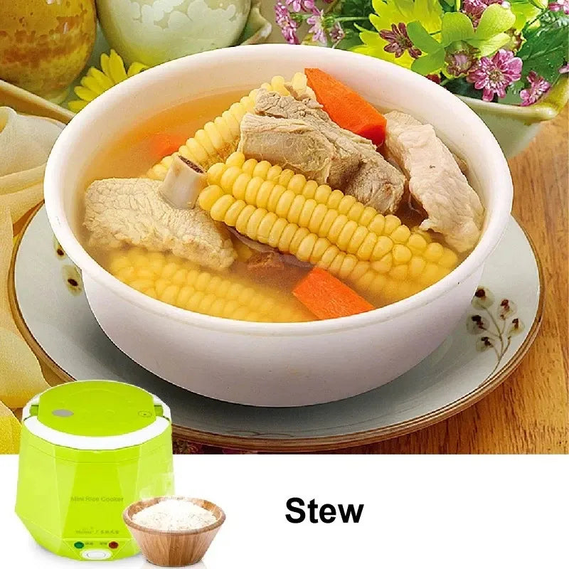 1.6L car rice cooker with soup bowl meal, lime green base and white inner lid