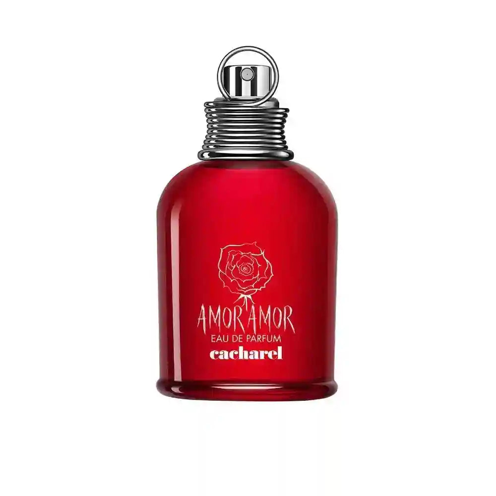 Cacharel Amor Amor EDP, 100ml women’s floral fruity perfume in a iconic red glass bottle with silver ring nozzle.